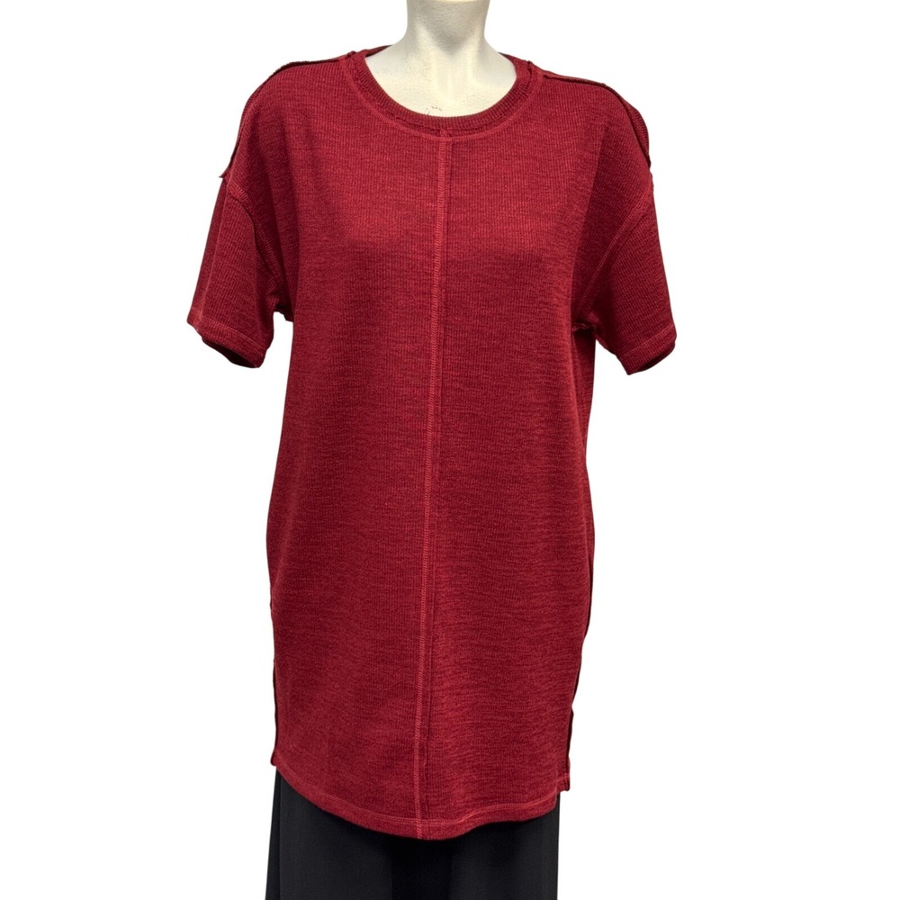 New Directions Red‎ Tunic Top Knit Short Sleeve Casual Pockets Relaxed